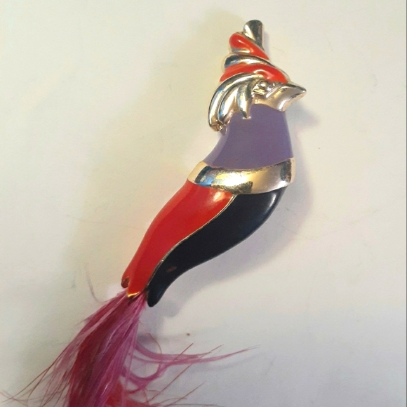 Vintage Jewelry - Vtg 1930s 40s Art Deco Bird Color Block Peacock with Feather